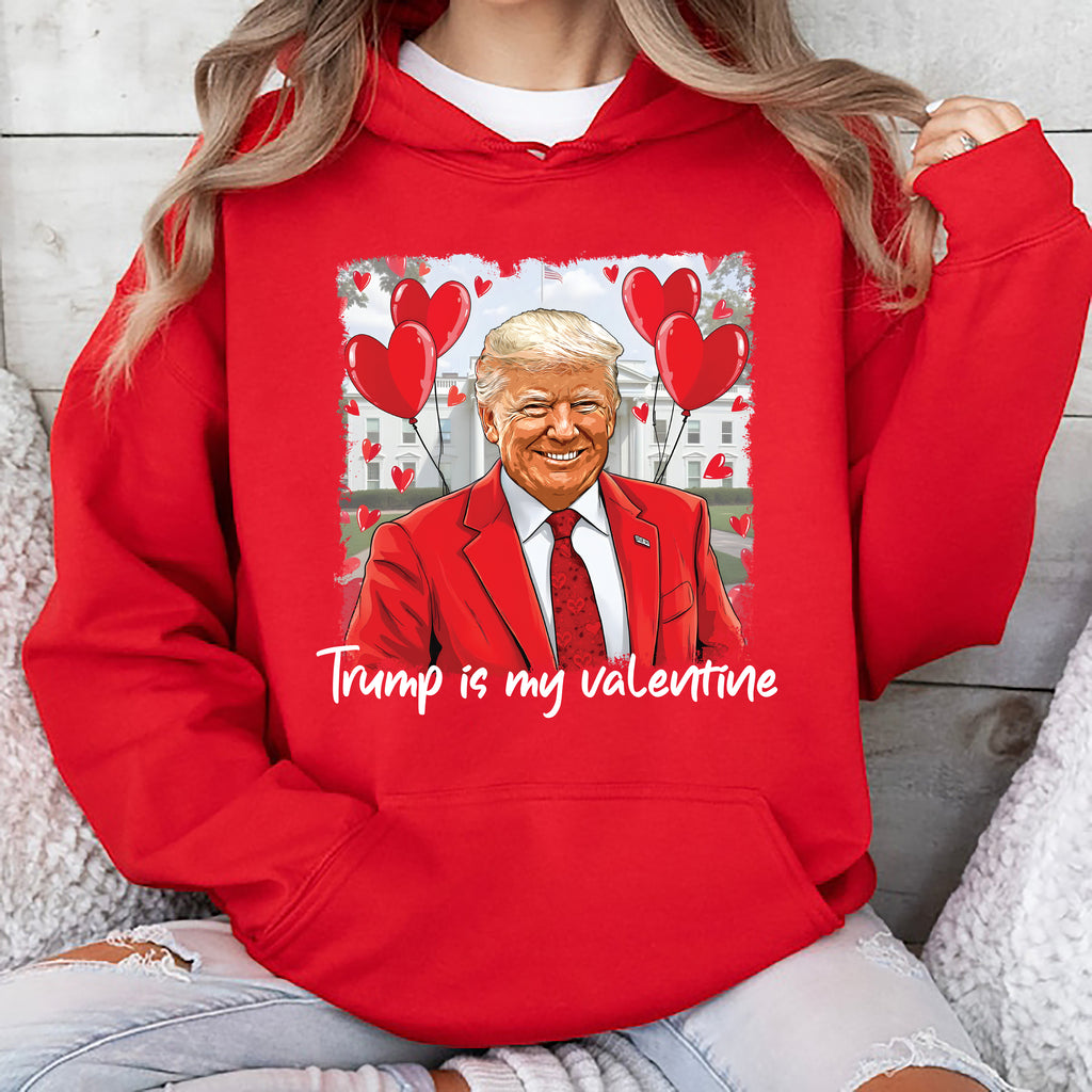 a woman wearing a red trump is my valentine hoodie