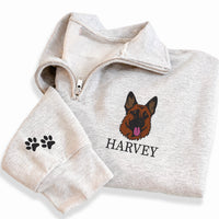 Personalized Pet Embroidered Quarter Zip Sweatshirt, Custom Dog Portrait Pullover, Paw Print Sleeve Detail, Dog Mom Gift, Pet Lover Gift