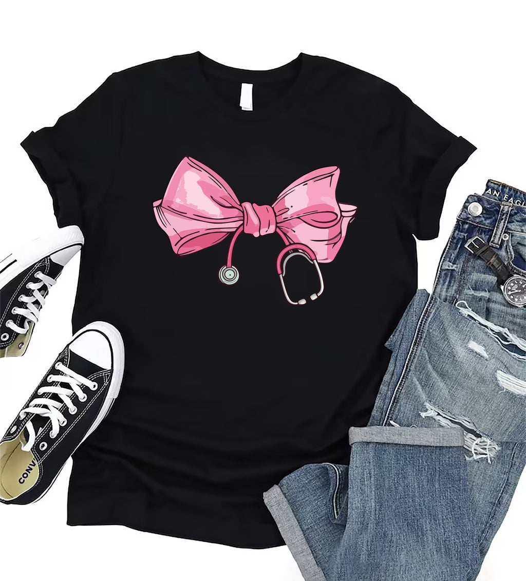 Coquette Nurse Stethoscope Bow Short Sleeve T-Shirt, Bow Stethoscope Shirt