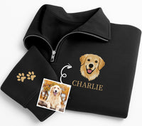 Personalized Pet Embroidered Quarter Zip Sweatshirt, Custom Dog Portrait Pullover, Paw Print Sleeve Detail, Dog Mom Gift, Pet Lover Gift