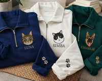 Personalized Pet Embroidered Quarter Zip Sweatshirt, Custom Dog Portrait Pullover, Paw Print Sleeve Detail, Dog Mom Gift, Pet Lover Gift