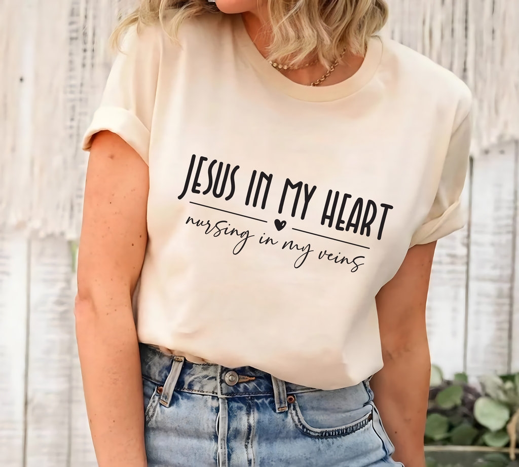 Jesus In My Heart Nursing In My Veins Short Sleeve T-Shirt, Jesus Nurse Shirt