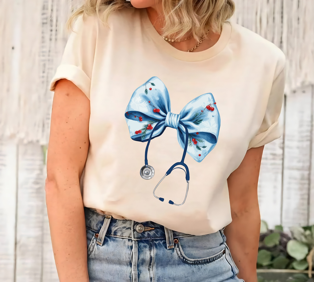 Coquette Nurse Stethoscope Bow Short Sleeve T-Shirt, Bow Stethoscope Shirt