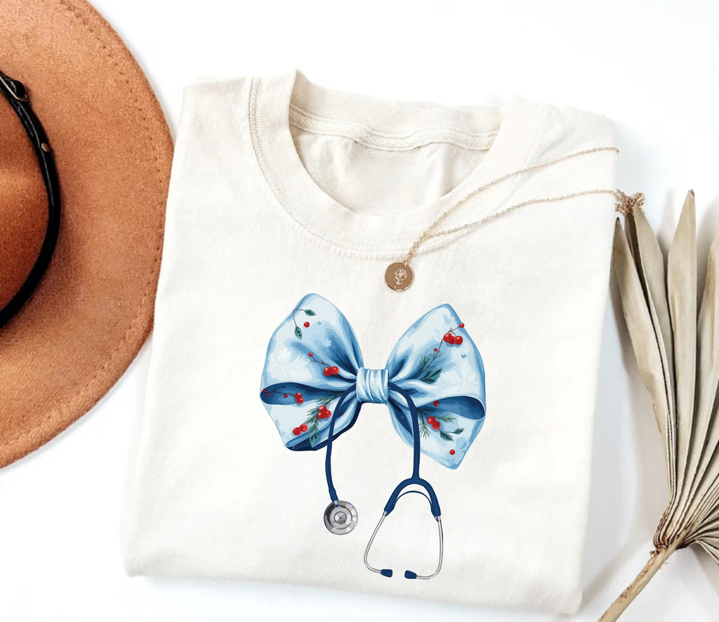 Coquette Nurse Stethoscope Bow Short Sleeve T-Shirt, Bow Stethoscope Shirt