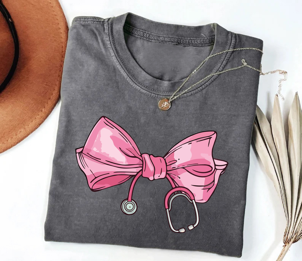 Coquette Nurse Stethoscope Bow Short Sleeve T-Shirt, Bow Stethoscope Shirt