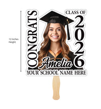 Custom Graduation Face Fan with Photo, Class of 2026 Big Head Cutout Fan, Personalized Congrats Grad Hand Fan with Wooden Stick