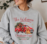 Personalized Family Christmas Shirt, Custom Last Name Holiday Tee, Vintage Red Truck Dog Design, Festive Family Crewneck, Christmas Gift
