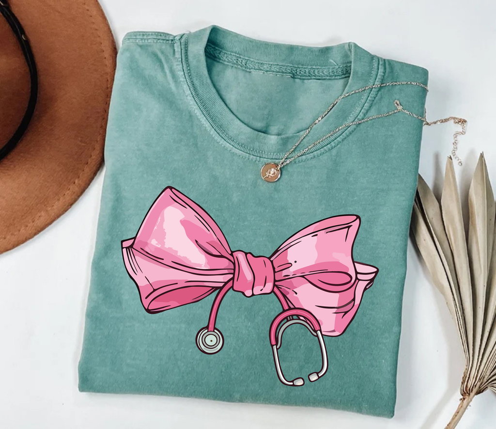 Coquette Nurse Stethoscope Bow Short Sleeve T-Shirt, Bow Stethoscope Shirt