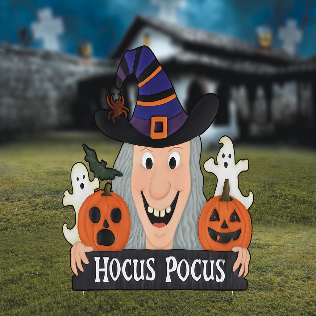 Hocus Pocus Witch Yard Sign, Halloween Ghost and Pumpkin Garden Stake, Outdoor Lawn Decor for Spooky Party, Trick or Treat Display