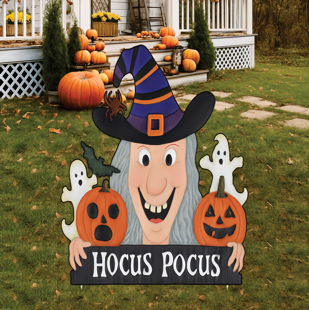 Hocus Pocus Witch Yard Sign, Halloween Ghost and Pumpkin Garden Stake, Outdoor Lawn Decor for Spooky Party, Trick or Treat Display