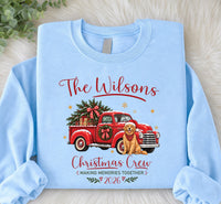 Personalized Family Christmas Shirt, Custom Last Name Holiday Tee, Vintage Red Truck Dog Design, Festive Family Crewneck, Christmas Gift