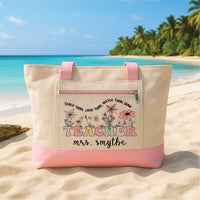 Personalized Teacher Tote Bag with Zipper, Floral Teacher Canvas Bag, Teach Love Grow Custom Name Gift, Teacher Appreciation Tote