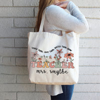 Personalized Teacher Tote Bag, Custom Name Teacher Bag, Teacher Appreciation Gift, Floral Teacher Gift, Back to School Classroom Tote Bag