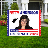 Fetty Anderson For West Virginia Senate 2026 Yard Sign, Corrugated Senate Election, Race Red White & Blue Yard Sign with Metal H-Stake