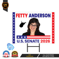 Fetty Anderson For West Virginia Senate 2026 Yard Sign, Corrugated Senate Election, Race Red White & Blue Yard Sign with Metal H-Stake