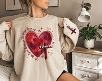 Heart Cross Valentine Jesus Sweatshirt, We Love Because He First Loved Us Tee, Valentine Bible Verse Sweatshirt, Front Sleeve