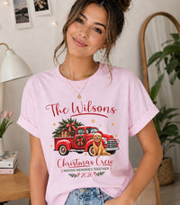 Personalized Family Christmas Shirt, Custom Last Name Holiday Tee, Vintage Red Truck Dog Design, Festive Family Crewneck, Christmas Gift