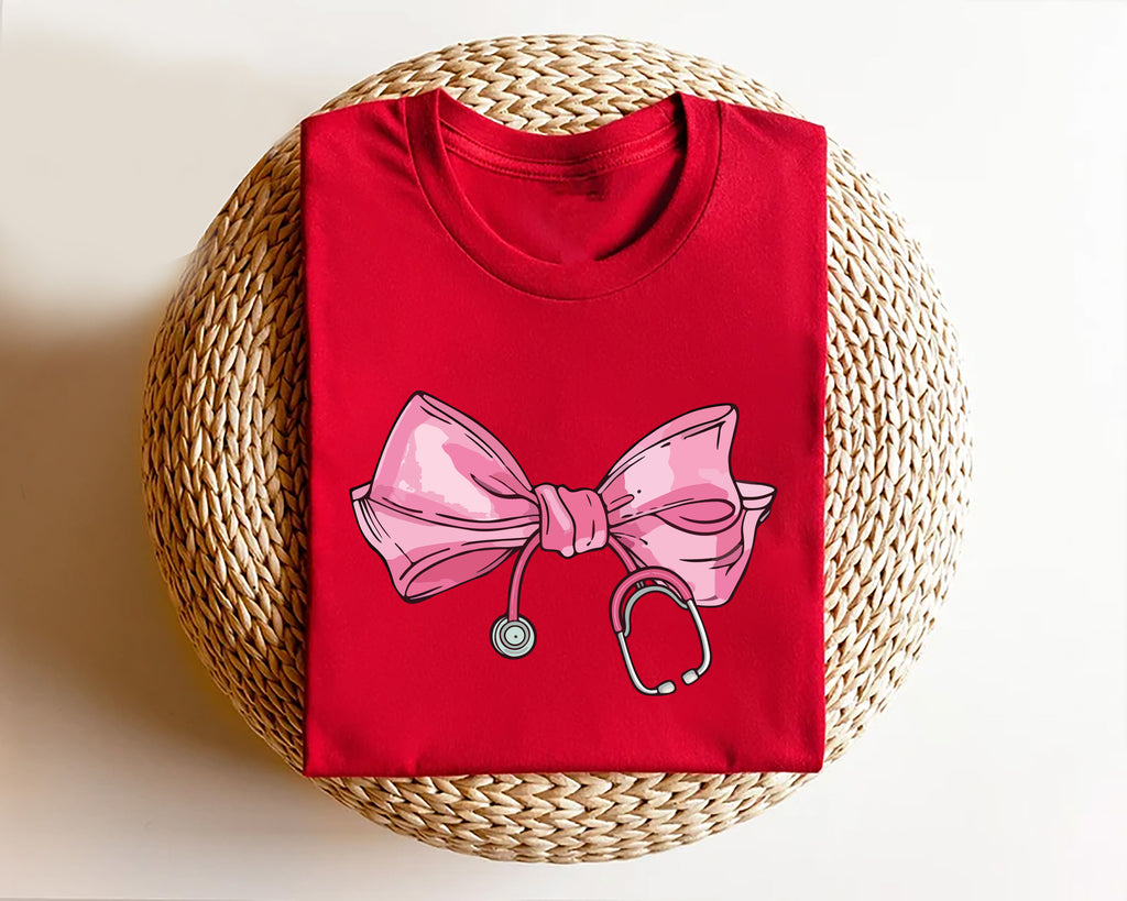 Coquette Nurse Stethoscope Bow Short Sleeve T-Shirt, Bow Stethoscope Shirt