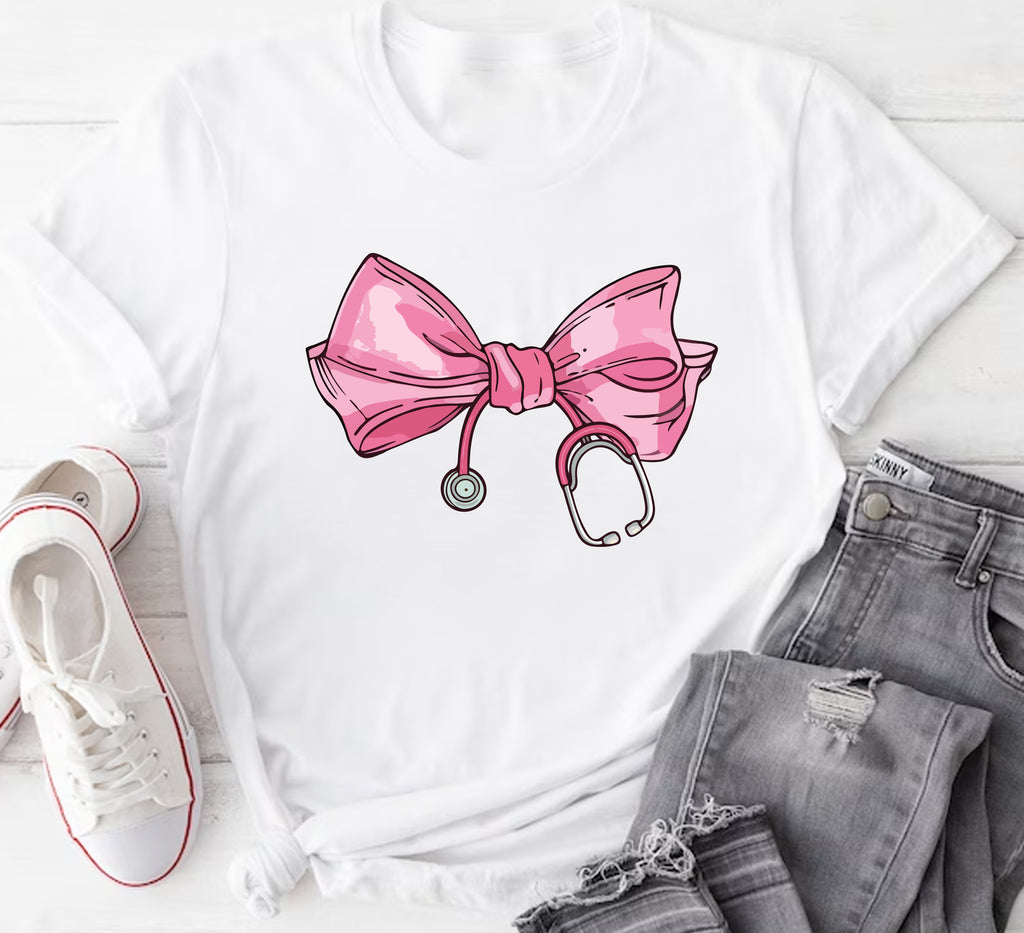 Coquette Nurse Stethoscope Bow Short Sleeve T-Shirt, Bow Stethoscope Shirt