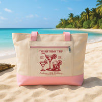 Custom Birthday Trip Tote Bag with Zipper, Personalized Beach Birthday Canvas Tote Bag, Girls Trip Party Favor, 30th 40th 50th 60th Gift
