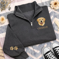 Personalized Pet Embroidered Quarter Zip Sweatshirt, Custom Dog Portrait Pullover, Paw Print Sleeve Detail, Dog Mom Gift, Pet Lover Gift