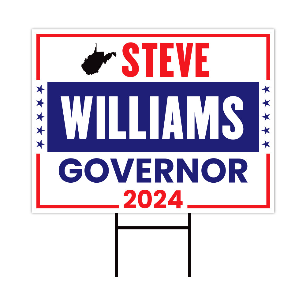 a political sign with the state of wisconsin in red, white, and blue