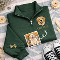 Personalized Pet Embroidered Quarter Zip Sweatshirt, Custom Dog Portrait Pullover, Paw Print Sleeve Detail, Dog Mom Gift, Pet Lover Gift