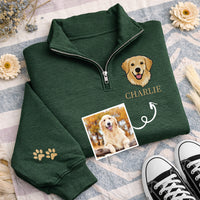 Personalized Pet Embroidered Quarter Zip Sweatshirt, Custom Dog Portrait Pullover, Paw Print Sleeve Detail, Dog Mom Gift, Pet Lover Gift