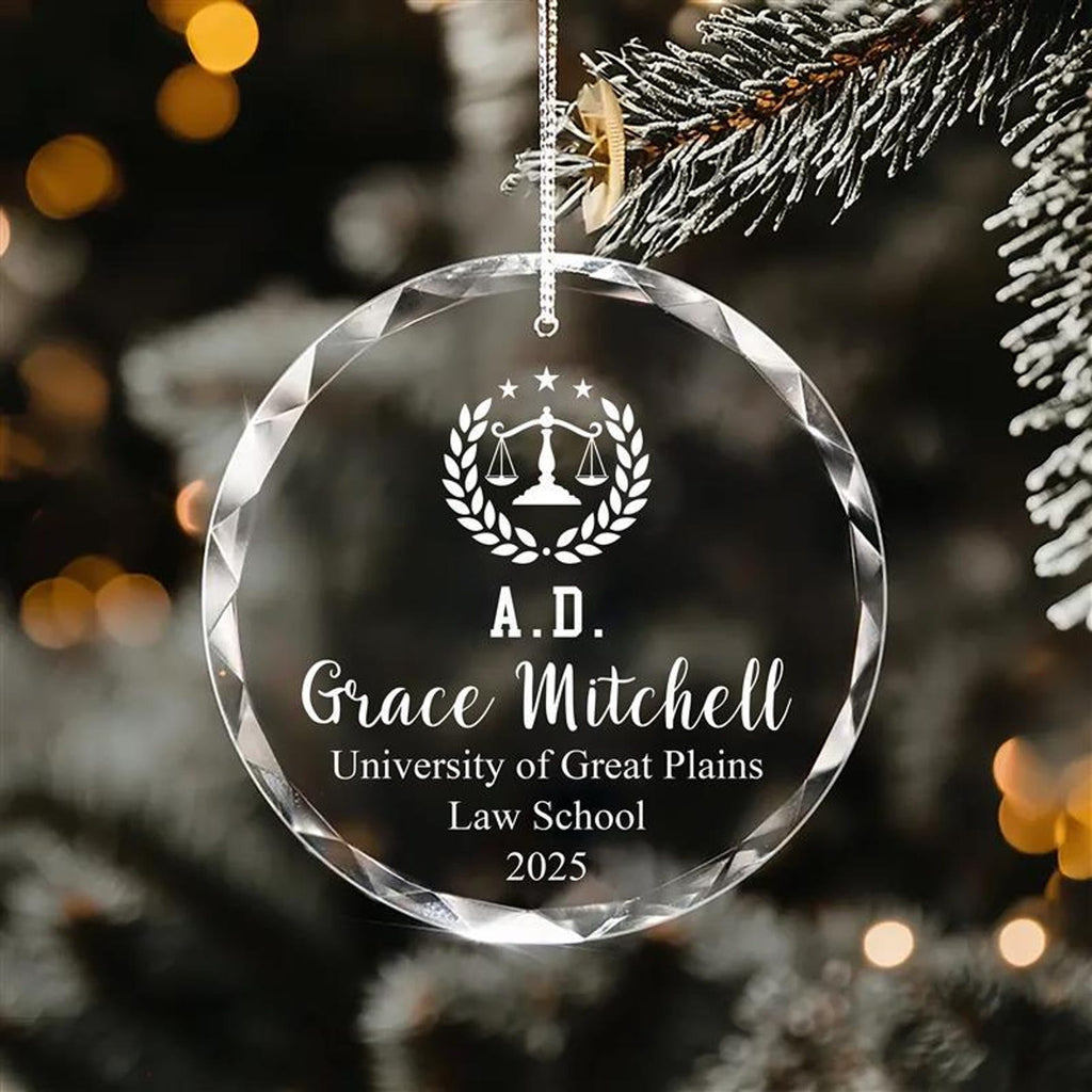 Law Degree Graduation Crystal Ornament, Personalized Lawyer Gift, Custom Class of 2025 Keepsake, Law School Grad Christmas Ornament