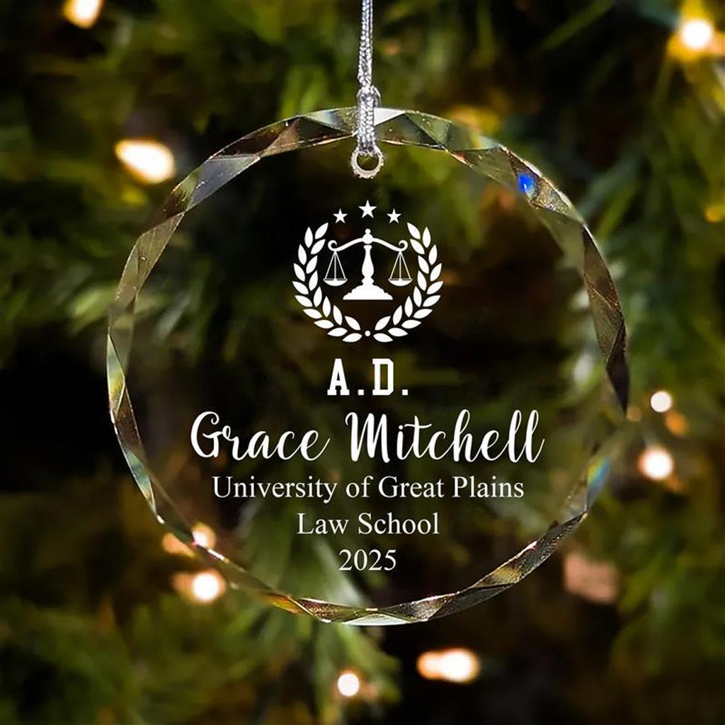 Law Degree Graduation Crystal Ornament, Personalized Lawyer Gift, Custom Class of 2025 Keepsake, Law School Grad Christmas Ornament