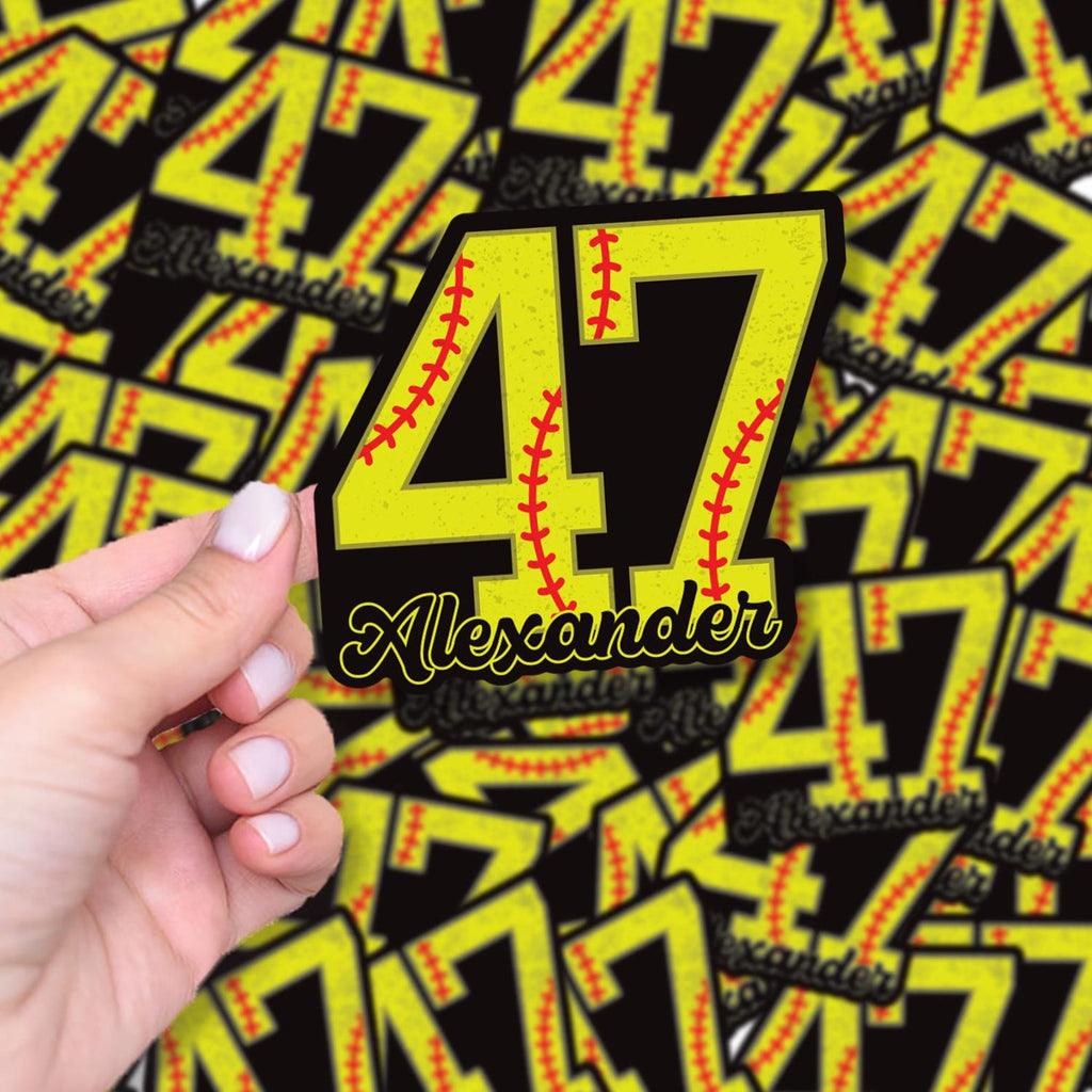 Custom Softball Number Name Sticker, Softball Baseball Personalized Name Number Vinyl Decal, Baseball Waterproof Laptop Sticker, Car Decal
