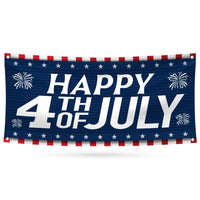 Happy 4th of July Banner Sign - 13 oz Heavy Duty Waterproof Blue Red Stars, Independence Day Patriotic Vinyl Banner with Metal Grommets