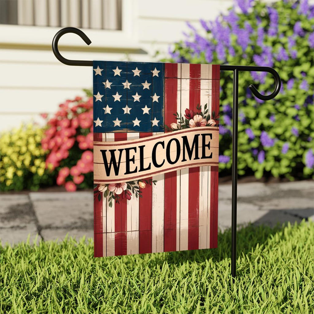 Welcome Garden Flag, Rustic American Flag Yard Flag, Patriotic Outdoor Decor, 4th of July Summer Lawn Decoration, Country USA Welcome Sign