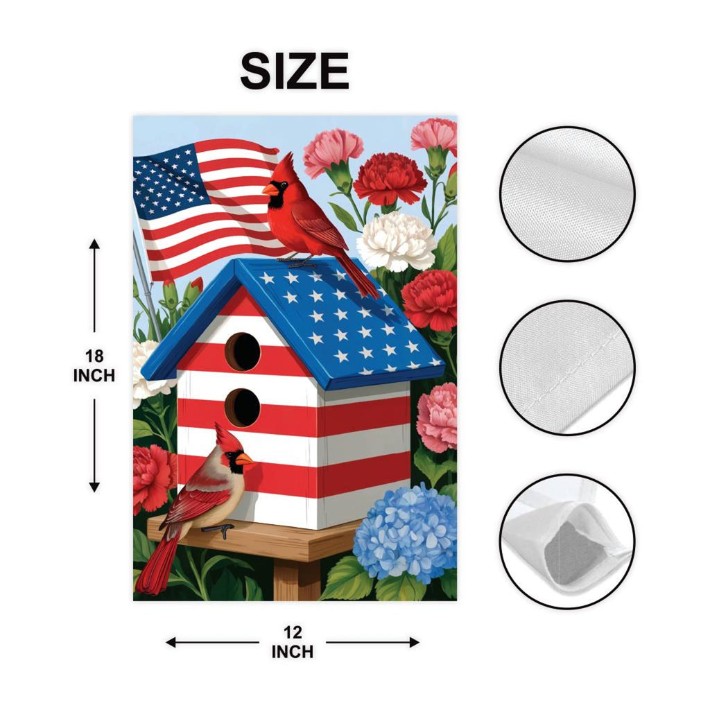 Patriotic Cardinal Garden Flag, American Flag Birdhouse Yard Flag, Red White Blue Floral Outdoor Decor, 4th of July Summer Lawn Decoration