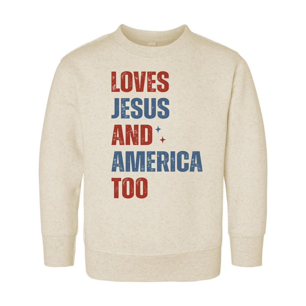 Loves Jesus and America Too Onesie, Baby Bodysuit, Baby Shirt, Toddler Sweatshirt - Patriotic Religious Outfit, Christian Baby Gift USA