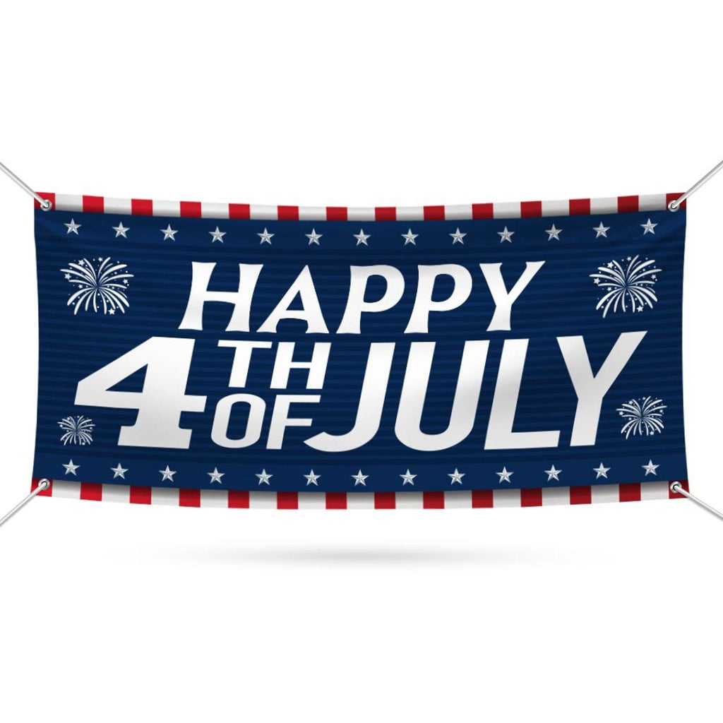 Happy 4th of July Banner Sign - 13 oz Heavy Duty Waterproof Blue Red Stars, Independence Day Patriotic Vinyl Banner with Metal Grommets