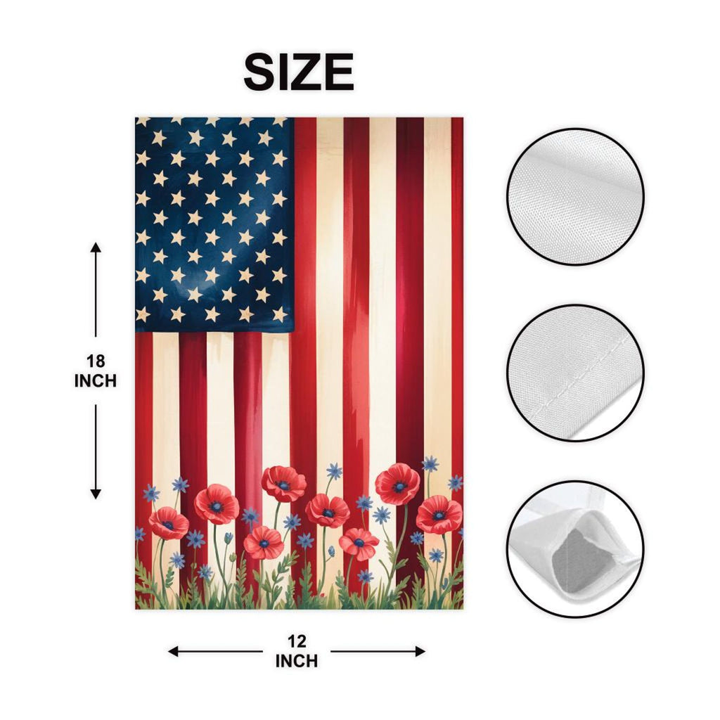 American Flag Flower Garden Flag, Poppy and Myosotis Yard Flag, Patriotic Memorial Day Outdoor Decor, 4th of July Summer Lawn Decoration