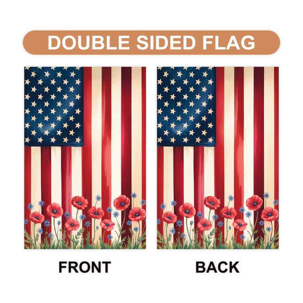 American Flag Flower Garden Flag, Poppy and Myosotis Yard Flag, Patriotic Memorial Day Outdoor Decor, 4th of July Summer Lawn Decoration