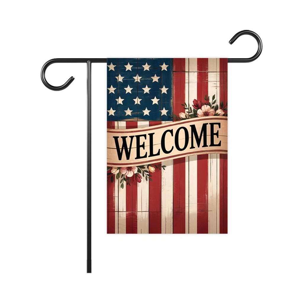 Welcome Garden Flag, Rustic American Flag Yard Flag, Patriotic Outdoor Decor, 4th of July Summer Lawn Decoration, Country USA Welcome Sign
