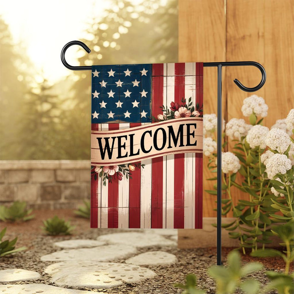 Welcome Garden Flag, Rustic American Flag Yard Flag, Patriotic Outdoor Decor, 4th of July Summer Lawn Decoration, Country USA Welcome Sign