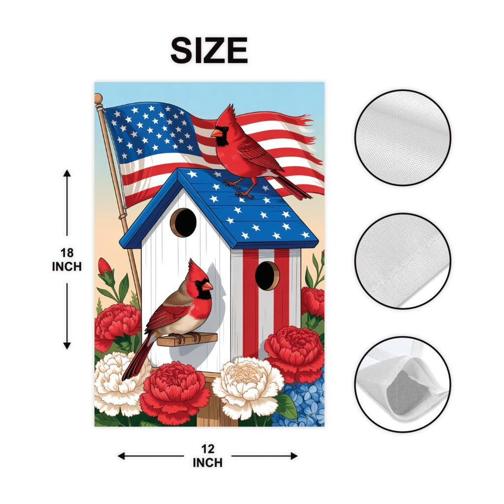 Patriotic Cardinal Garden Flag, American Flag Birdhouse Yard Flag, Red White Blue Floral Outdoor Decor, 4th of July Summer Lawn Decoration