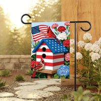 Patriotic Cardinal Garden Flag, American Flag Birdhouse Yard Flag, Red White Blue Floral Outdoor Decor, 4th of July Summer Lawn Decoration