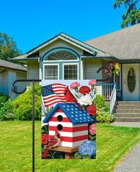 Patriotic Cardinal Garden Flag, American Flag Birdhouse Yard Flag, Red White Blue Floral Outdoor Decor, 4th of July Summer Lawn Decoration