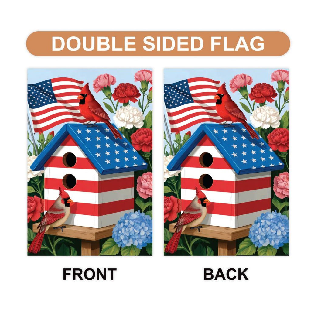 Patriotic Cardinal Garden Flag, American Flag Birdhouse Yard Flag, Red White Blue Floral Outdoor Decor, 4th of July Summer Lawn Decoration