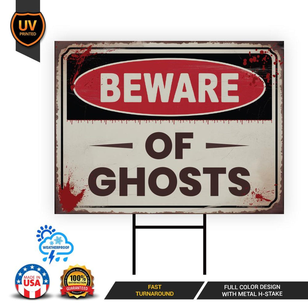 Beware of Ghosts Yard Sign, Keep Out Halloween Lawn Decoration, Scary Spooky Outdoor Decor, Creepy Circus Warning Sign with Metal H-Stake