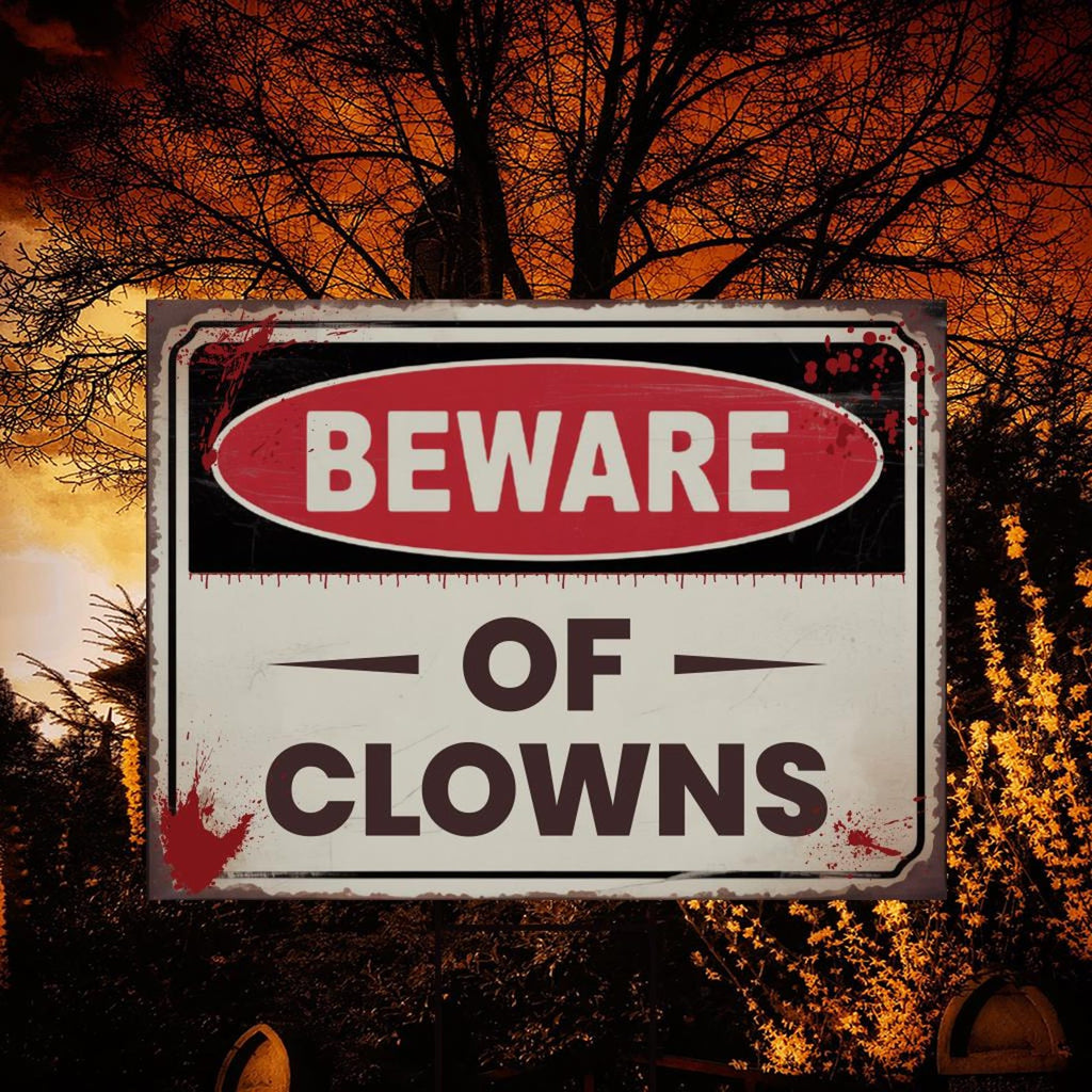 Beware of Clowns Yard Sign, Keep Out Halloween Lawn Decoration, Scary Spooky Outdoor Decor, Creepy Circus Warning Sign with Metal H-Stake