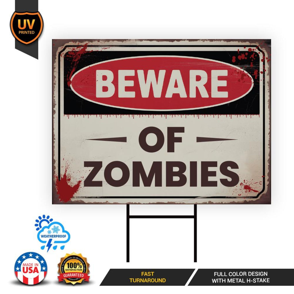 Beware of Zombies Yard Sign, Keep Out Halloween Lawn Decoration, Scary Spooky Outdoor Decor, Creepy Circus Warning Sign with Metal H-Stake