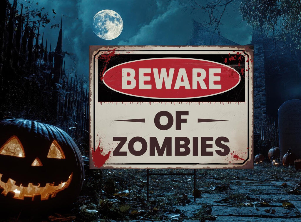 Beware of Zombies Yard Sign, Keep Out Halloween Lawn Decoration, Scary Spooky Outdoor Decor, Creepy Circus Warning Sign with Metal H-Stake