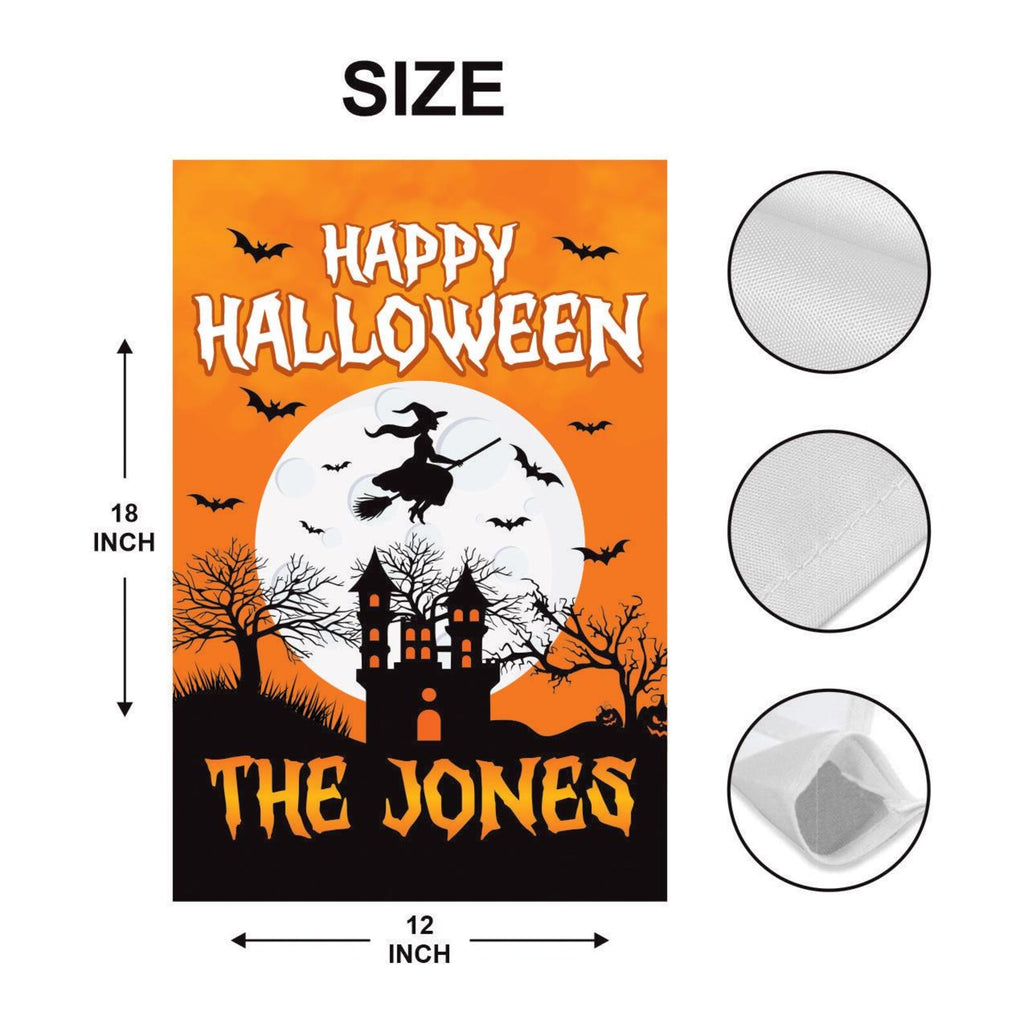 Personalized Happy Halloween Garden Flag, Flying Witch Yard Flag, Haunted Castle Fall Decor, Spooky Family Name Sign, Welcome Outdoor Flag