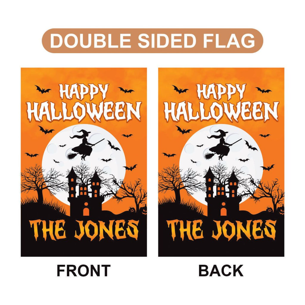 Personalized Happy Halloween Garden Flag, Flying Witch Yard Flag, Haunted Castle Fall Decor, Spooky Family Name Sign, Welcome Outdoor Flag